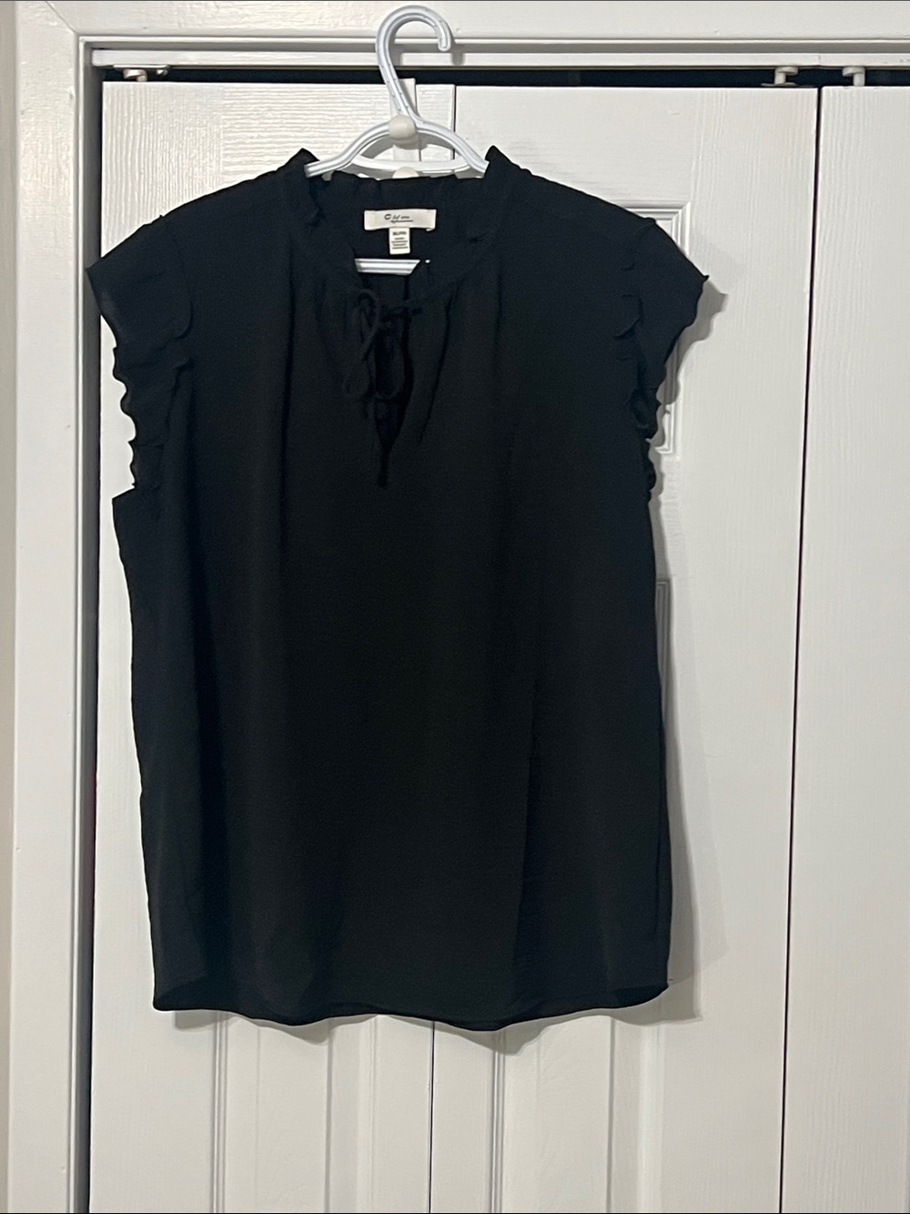Black Ruffle Sleeve Tie-Neck Blouse